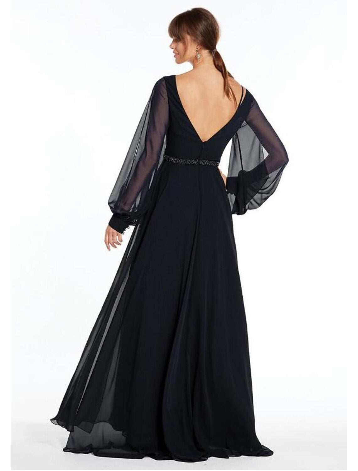 A-Linie Abendkleid Empirekleid Urlaub Bodenlang Langarm V-Ausschnitt Chiffon V-Rücken mit Perlen